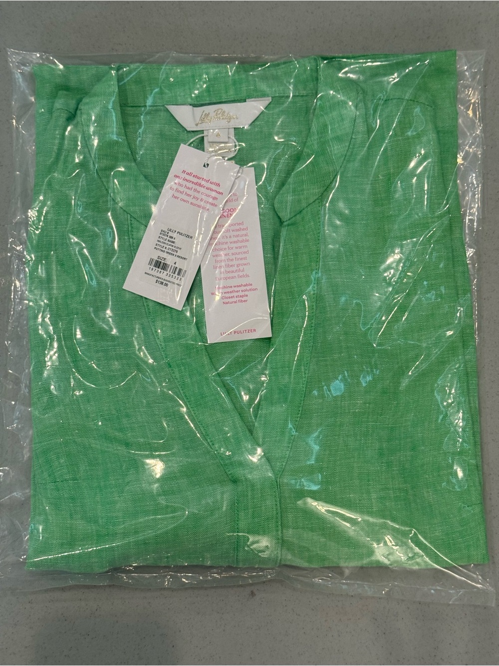 Lilly Pulitzer Mialeigh Linen Top Putting Green-V Neck Puff Sleeve NWT - Picture 2 of 3